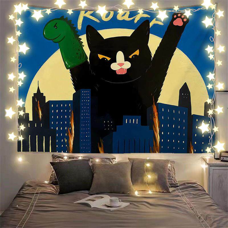 ins轻奢风黑猫挂布卡通动漫插画背景布寝室装饰墙布卧室床头挂毯