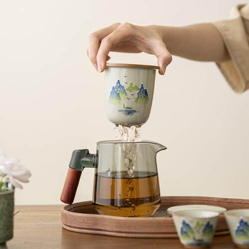 手绘旅行茶具套装便携式快客杯一壶三杯家用陶瓷茶水分离大泡茶壶