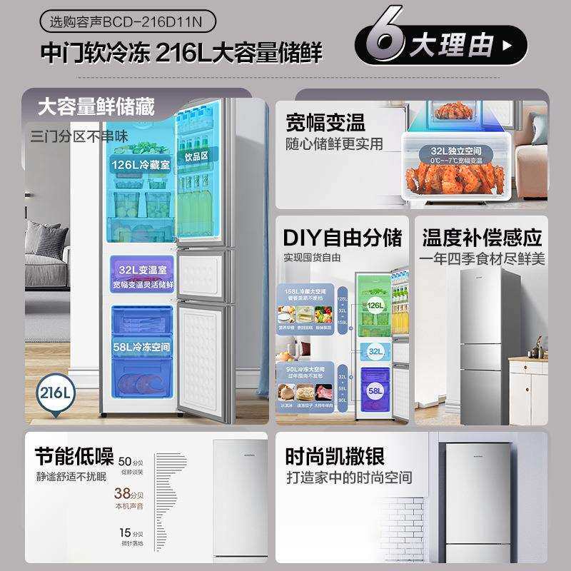 容声216L三开门家用小型租房宿舍家用节能迷你电冰箱