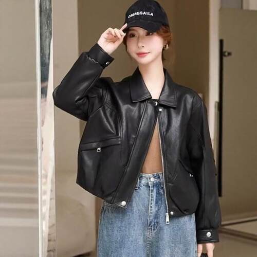 纯色真皮皮衣外套女春秋2026新款复古绵羊皮皮短款皮夹克休闲百搭