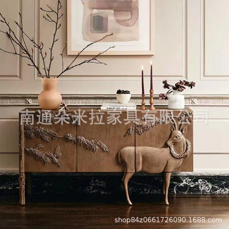 法式复古轻奢时尚艺术雕花餐边柜美式麋鹿树叶实木展示柜玄关柜