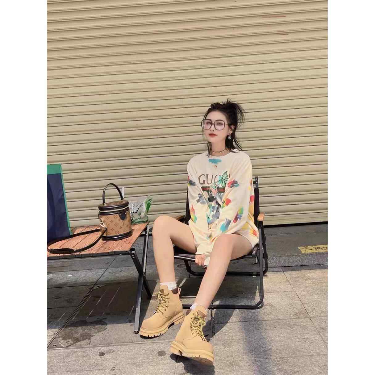 网红同款手绘喷漆宽松薄款卫衣印花休闲圆领T恤女潮