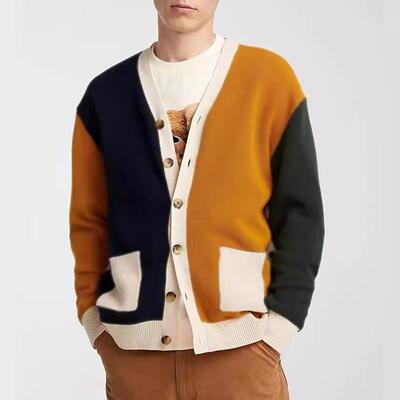 C 61488 Men's V-Neck Knit Cardigan 撞色V领开衫