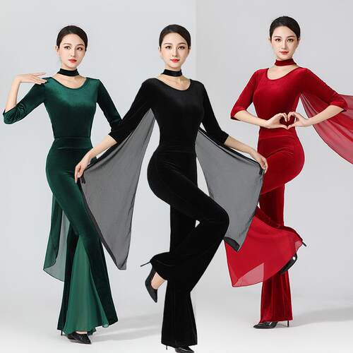 Body suit set, women's gold velvet warm body training