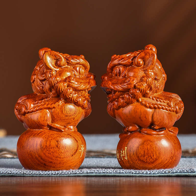 黑檀实木瑞兽醒狮手把件小号可爱风装饰配件把玩件客厅书房工艺品