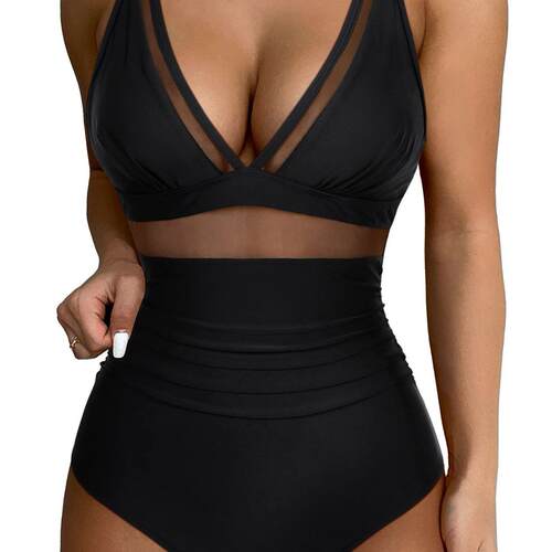 Women's one-piece swimsuit with mesh splicing, abdominal