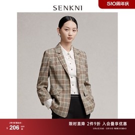 senkni圣可尼复古英伦风格子，西装外套通勤ol长袖收腰上衣女