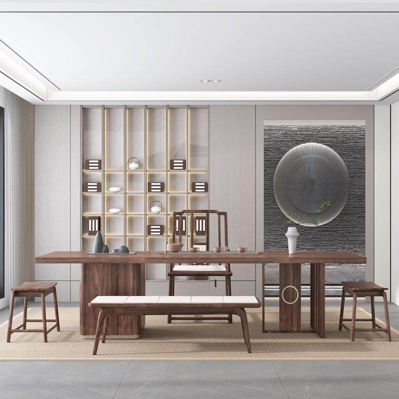 新中式茶桌北美功黑胡桌桃实木茶椅组合茶几夫泡茶台HKY办公室家