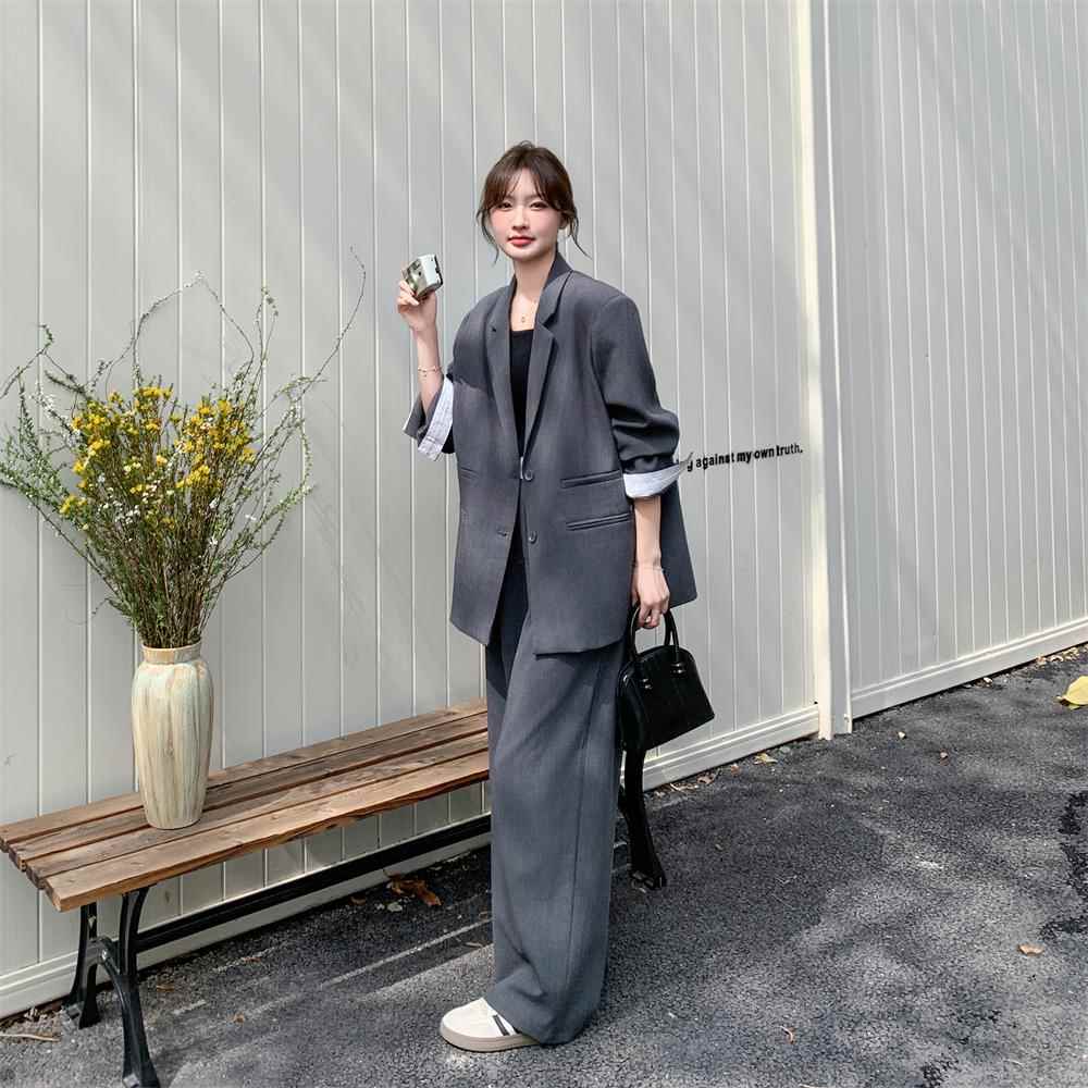 浪险老钱风休闲灰色西装套装女阔腿裤春秋2025新款两件套ootd穿搭