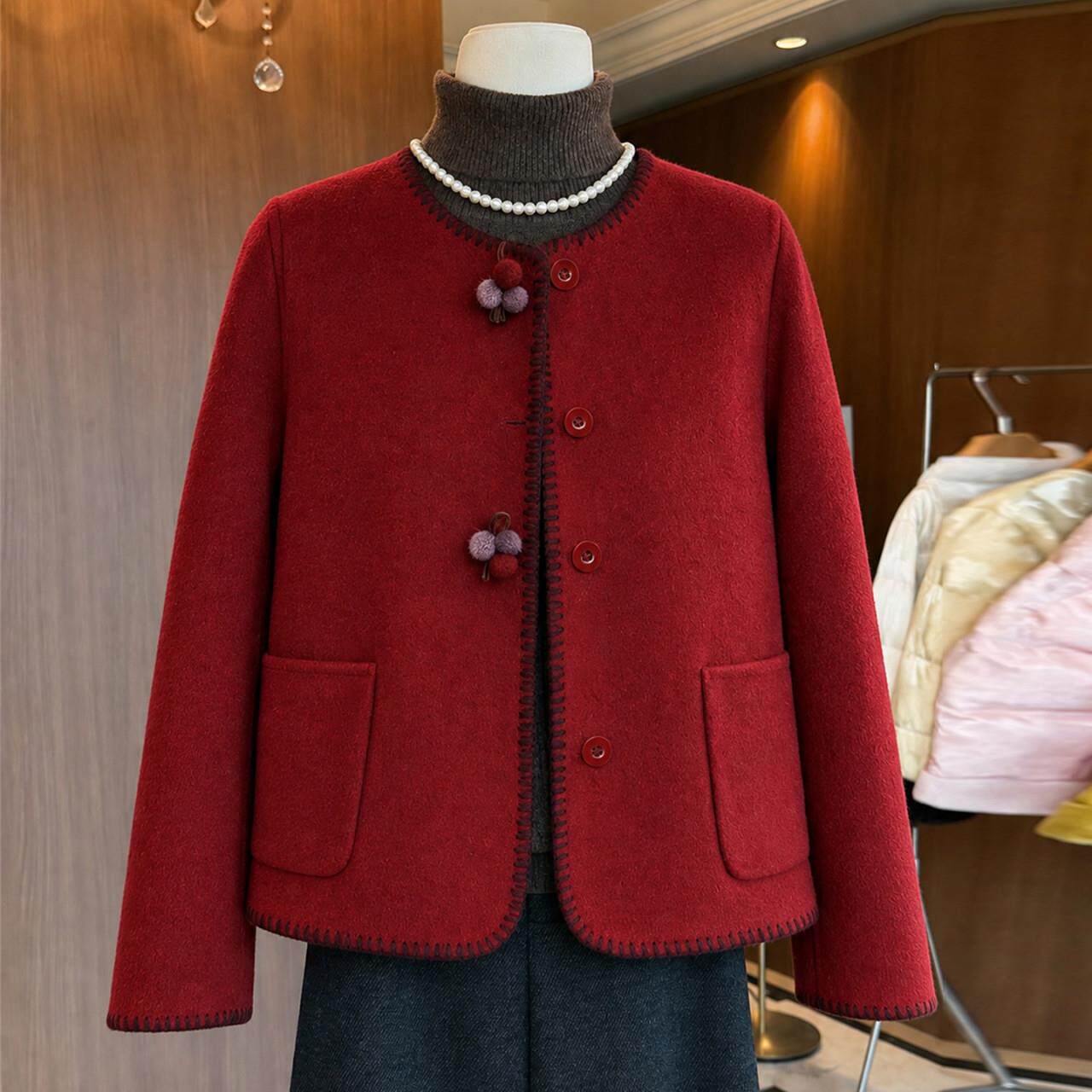 喜婆婆妈妈秋装毛呢外套婚宴礼服中老年女秋冬本命年国风呢子开衫
