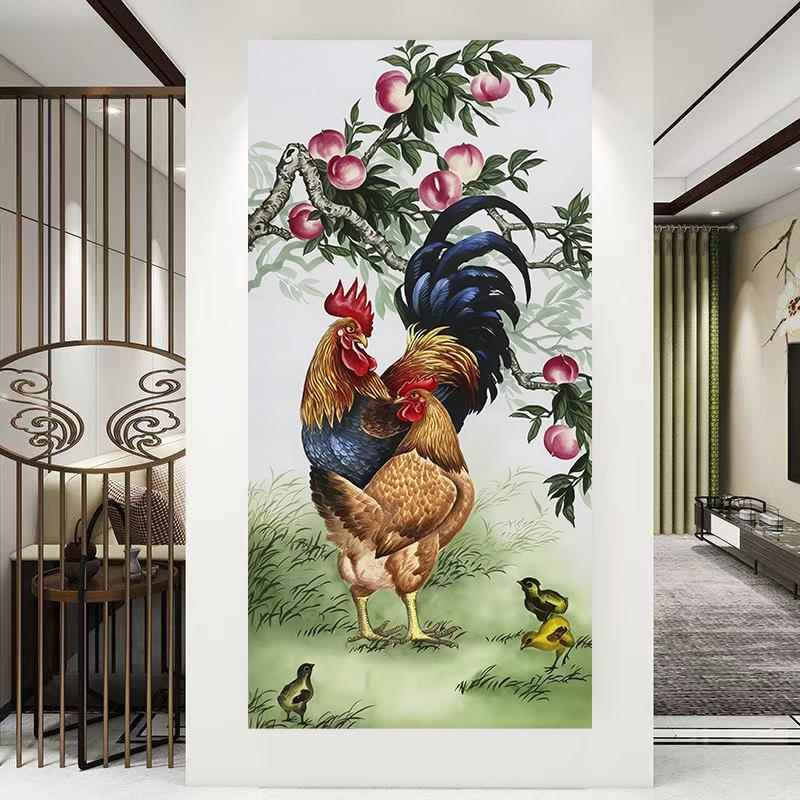 金鸡送福长寿图鸡鸣富贵鸡群图书房茶室装饰画新中式玄关客厅贴画图片