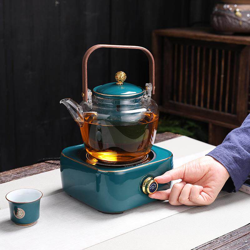 电陶炉煮茶器加热提梁壶陶瓷内胆过滤大容量玻璃茶壶孔雀绿煮茶炉
