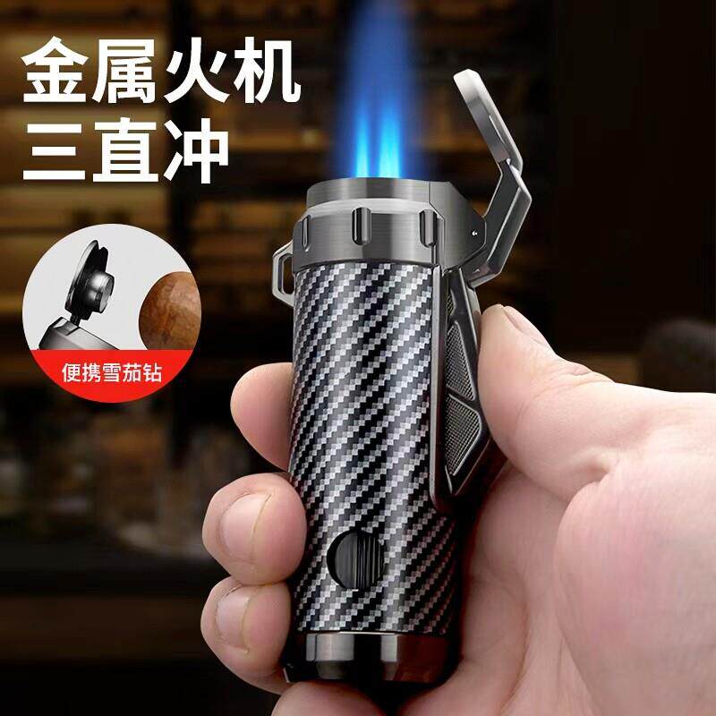 百诚新款防风三火蓝焰直冲打火机充气耐用便携高档雪茄打孔点火器