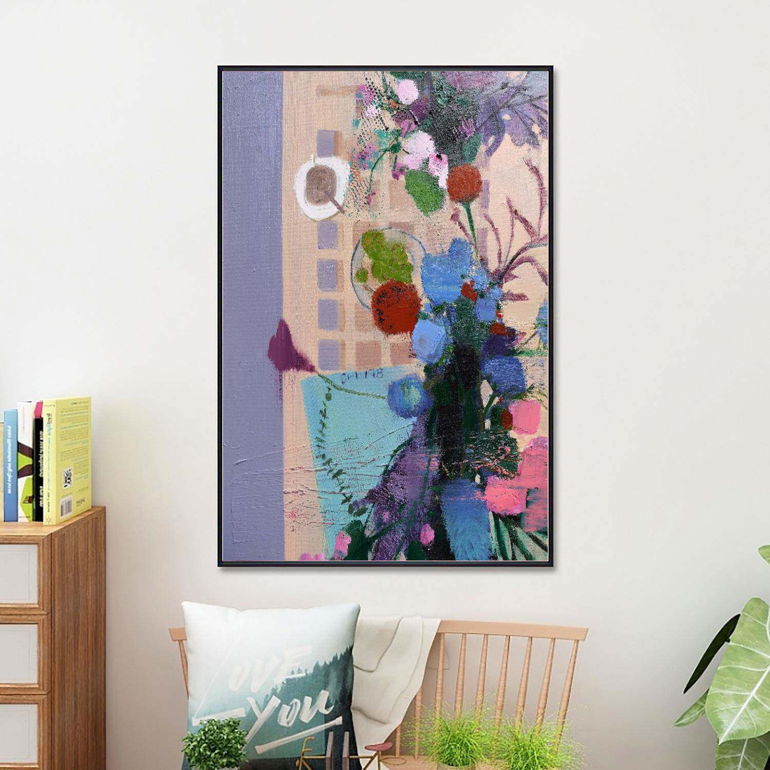 日系清新手绘油画 画心艺术紫色花卉客厅沙发背景立体装饰静物画