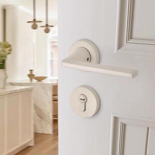 奶油风卧室门锁家用磁吸静音机械门把手室内房间木门米白色房门锁