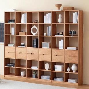 落地书柜组合原木黑胡桃木满墙格子柜 北欧实木樱桃木书架简约日式