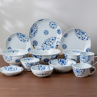 家用清新釉下彩碗盘碟餐具进口陶瓷杯子 美浓烧花伊万里米饭碗日式