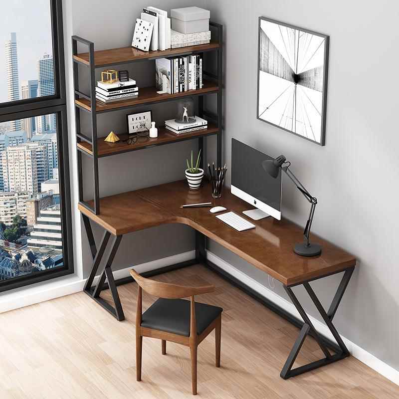 美式角实木转书桌书架合组创意家用学生电桌办公脑室单人ICP办公
