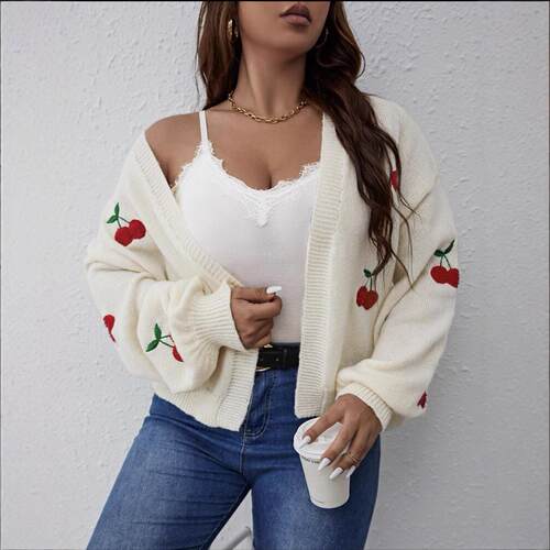 Short Knitted Cardigan Knitted Sweater Cherry Embroidered