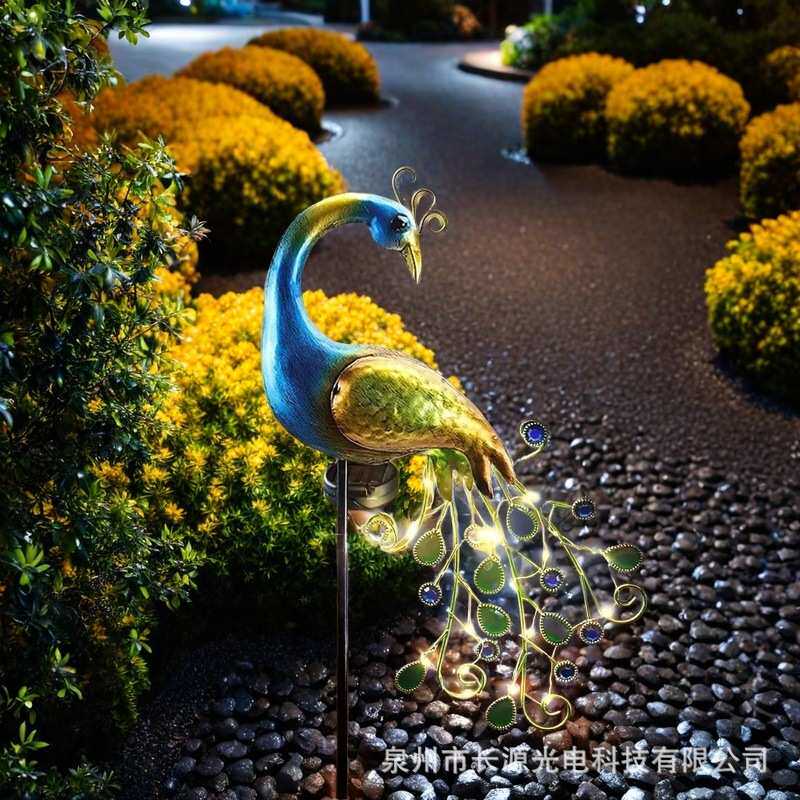 太阳能灯孔雀花园灯孔雀工艺品铁艺摆件插地庭院景观装饰灯