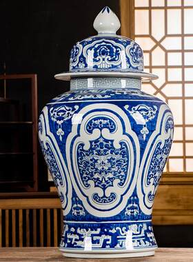 帛画“如意蝠纹”落地大将军罐陶瓷花瓶 新中式玄关陶瓷装饰饰品