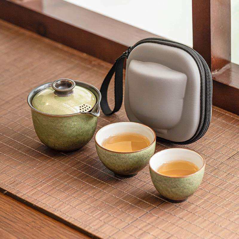 窑变旅行茶具套装碧绿星空手抓壶陶瓷茶壶茶杯一壶二杯户外便携式