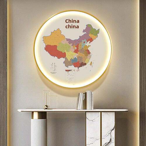 世界地图中国灯画办公室入口书房圆形装饰画客厅过道会议室墙壁壁