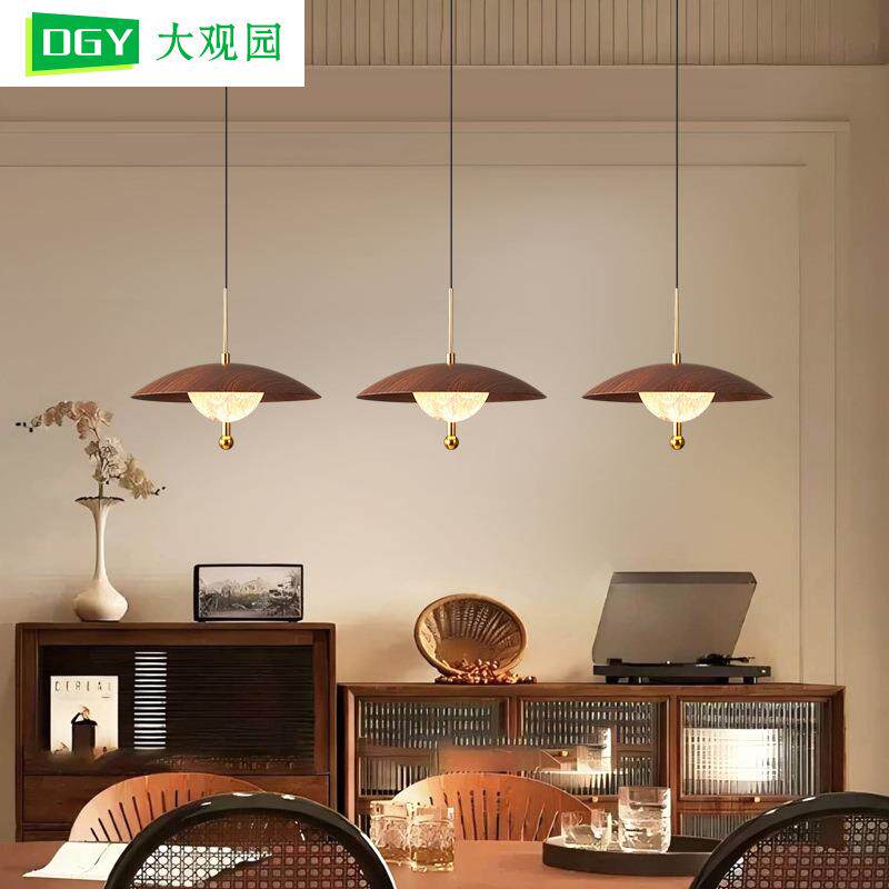 餐厅吊灯中古风法式胡桃木纹新款智能触摸感应灯吧台升降灯具669L