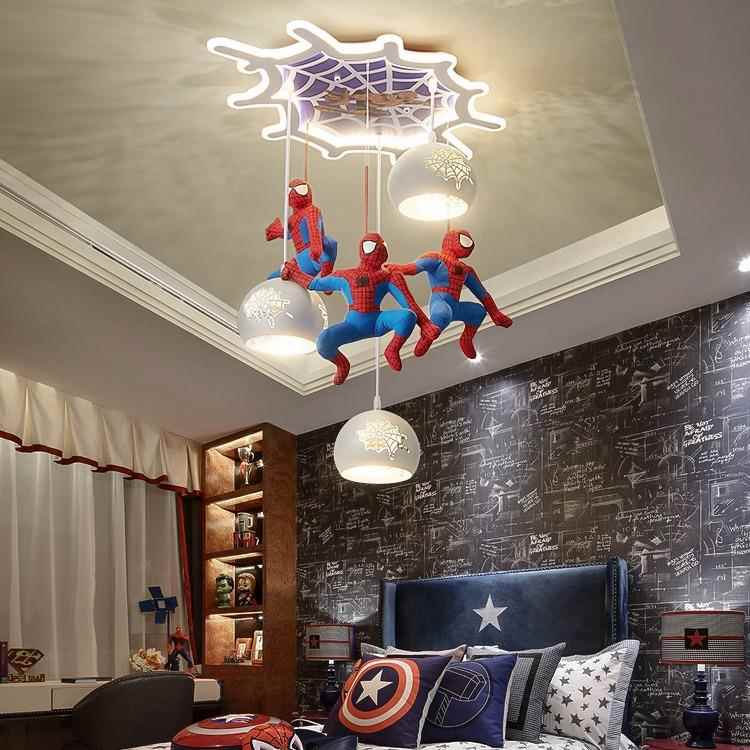 儿童房灯创19198意卡通个现性蜘蛛侠吊灯代简男孩女卧约室LE孩D护