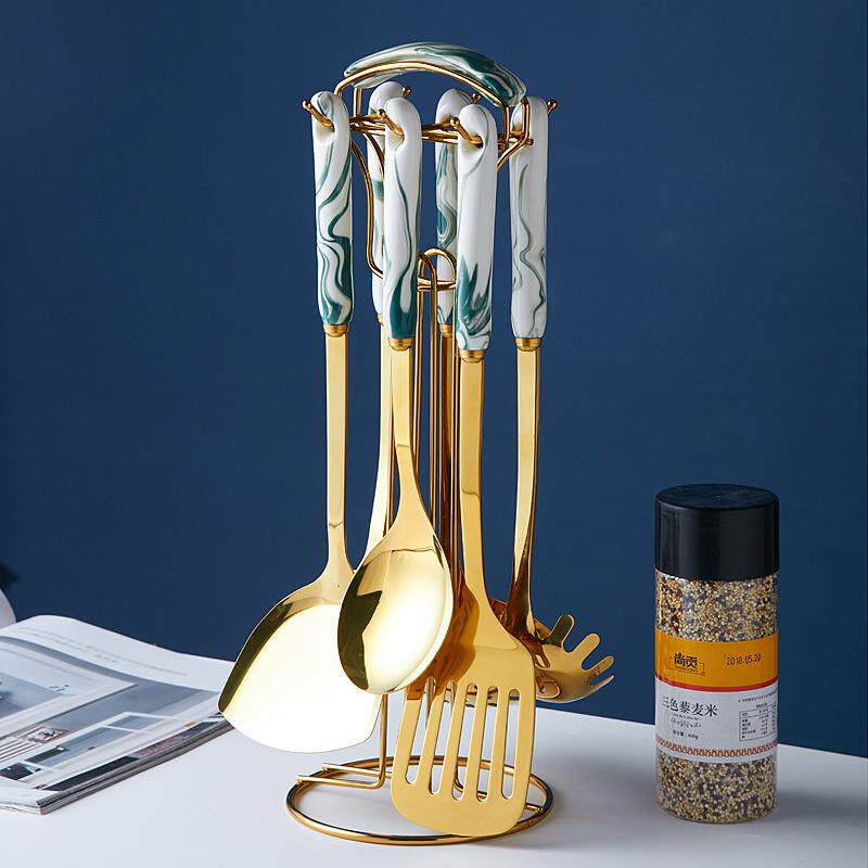 轻奢大理石瓷不具锈钢厨陶具北欧风房用烹饪勺厨墨绿色大铲不锈钢