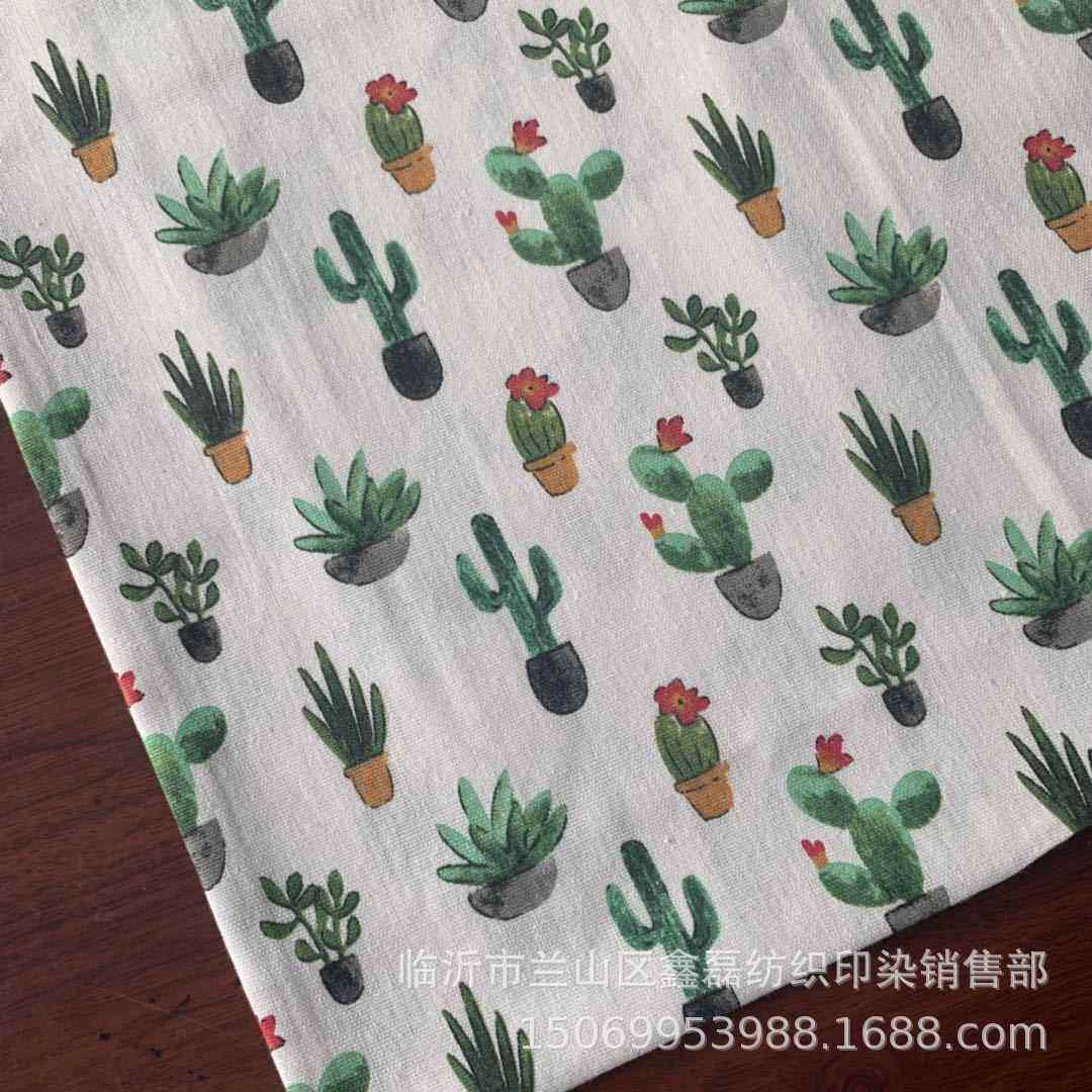 厂家直供 亚麻面料 麻布 麻布印花 背景布 工艺品布 水墨仙人掌