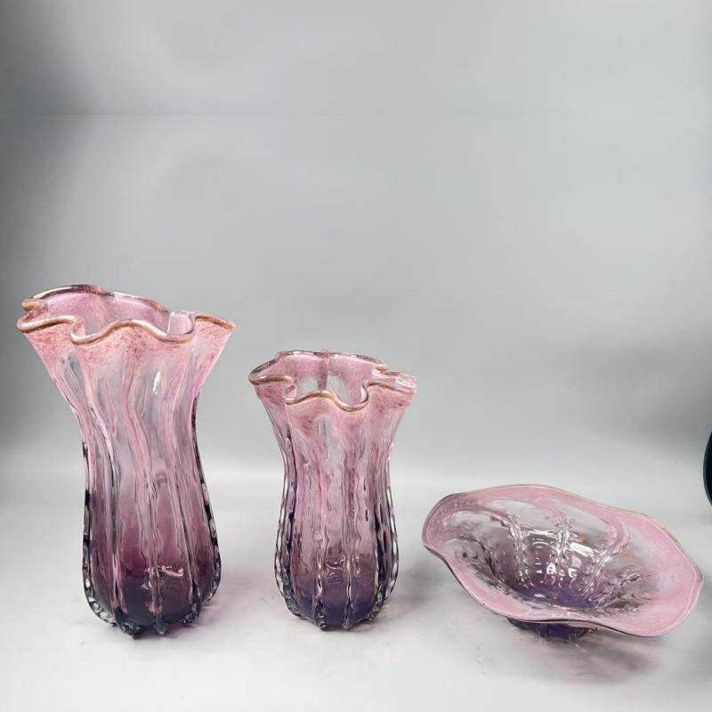 彩色玻璃吹制粉色琉璃花瓶摆件家居工艺品琉璃装饰白菜瓶花边口装