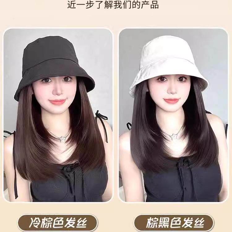 新款直销假发帽子一体女夏天时尚新款遮阳防晒渔夫帽假发层次短发