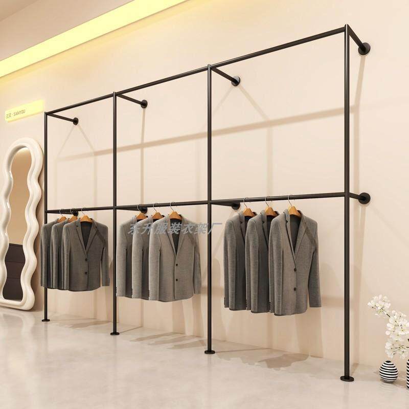 服装店展示架上墙双层挂衣服架子婚纱店西装裤子黑色加粗陈列货架