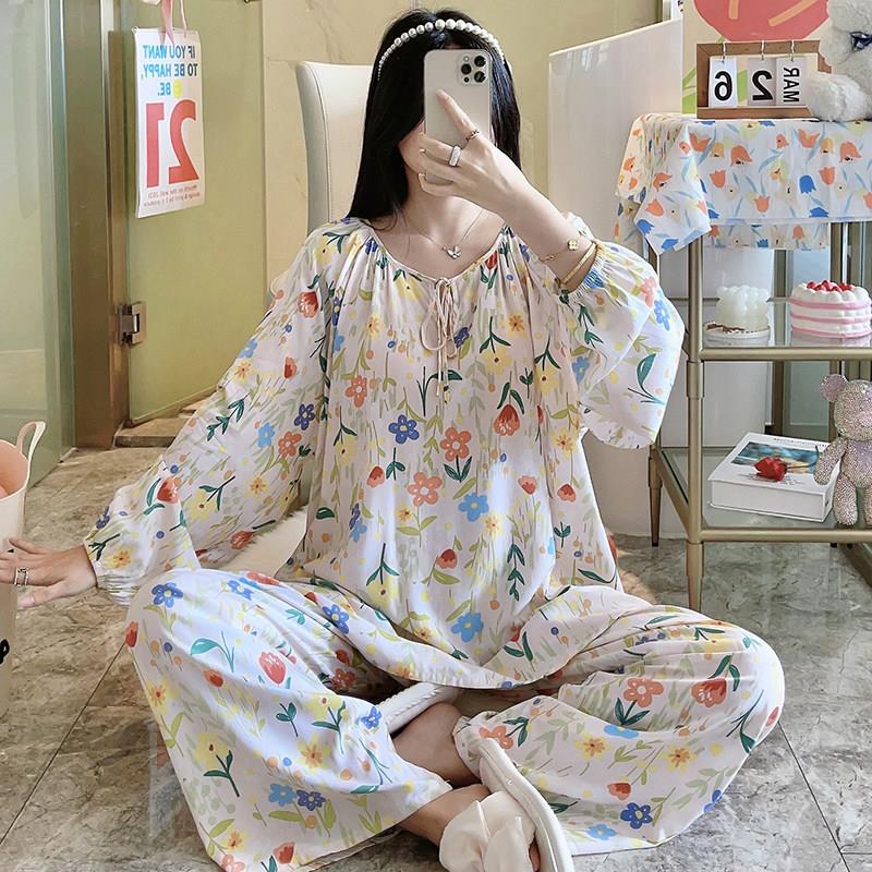 棉绸睡衣女夏季薄款长袖长裤人造棉套装家居服甜美大码春秋月子服