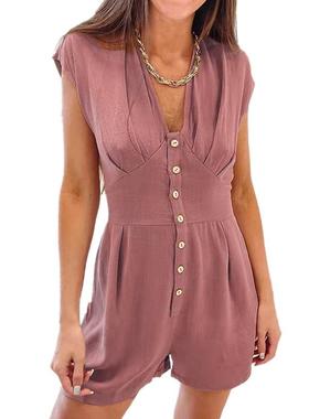 Women's casual button-stitched short-sleeved shorts jumpsuit