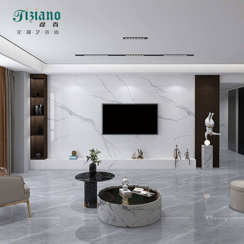 定制岩板大理石玄关沙发悬空电视背景墙瓷砖格栅装饰柜简约影视墙
