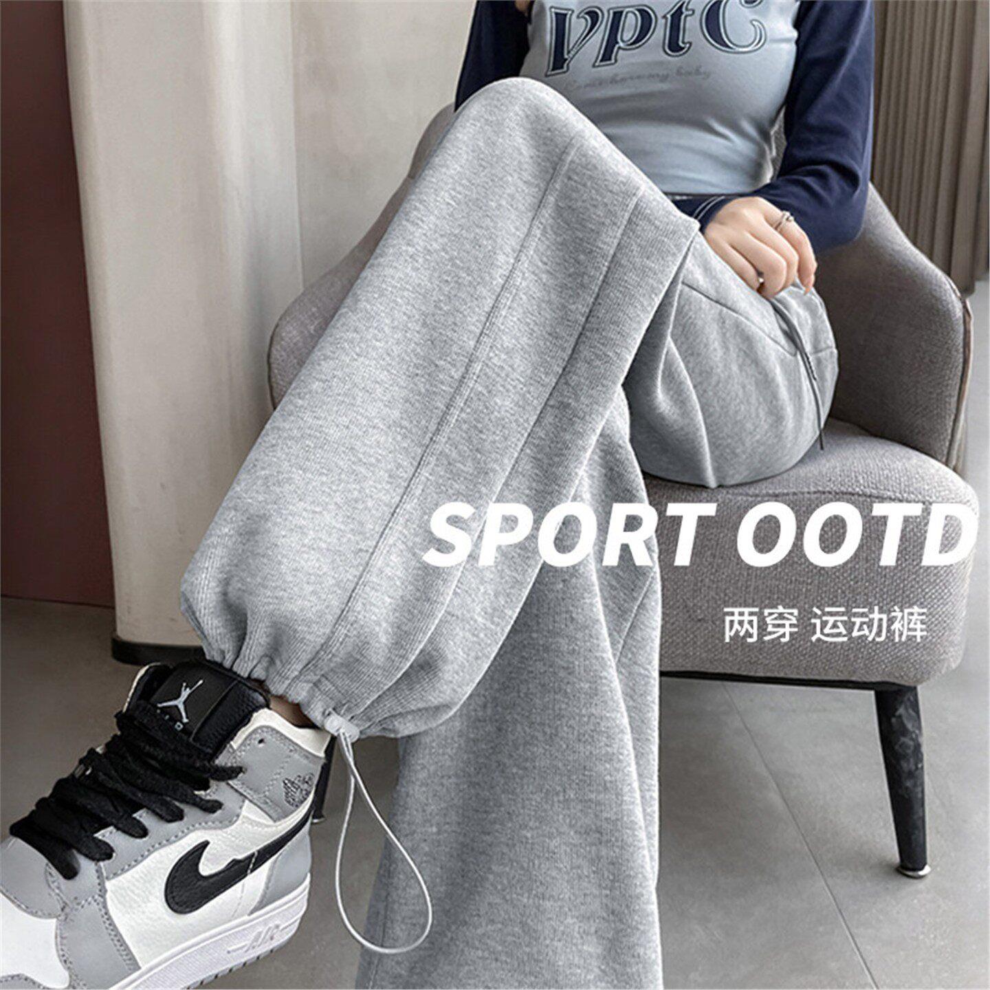 ADIFCMM灰色运动裤女春秋高腰运动休闲款束脚卫裤小个子灯笼裤