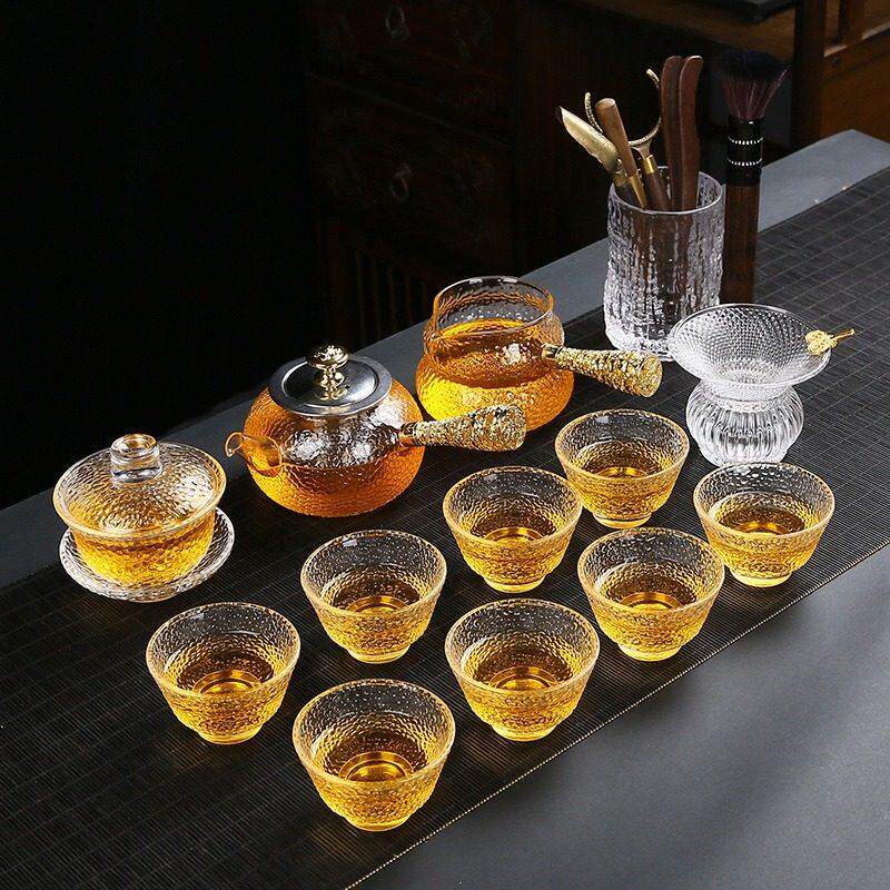 锤纹玻璃功夫茶具套组家用耐热轻奢高档盖碗茶杯茶盘办公室泡茶壶