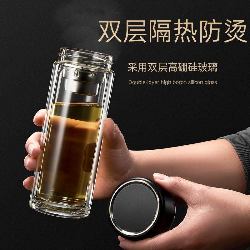 新款直销新款双层玻璃杯便携带盖过滤办公杯子吸管车载茶水杯LOGO