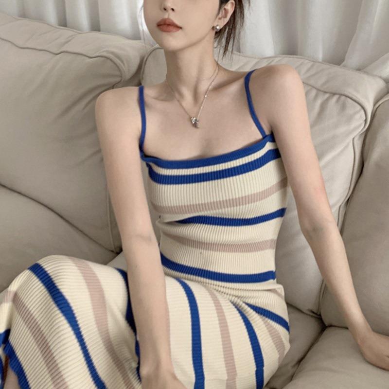 简遇luck品质女装条纹针织吊带裙夏露锁骨坎肩连衣裙女辣妹收腰包