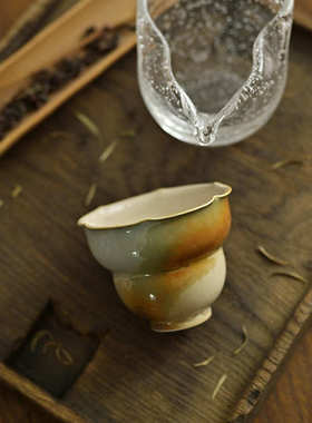 景德镇手工拉坯高温窑变釉黄绿色花口葫芦杯陶瓷主人杯复古茶杯