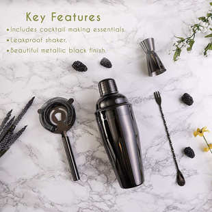 热销款 4件套摇酒壶雪克师定彩盒 黑色电镀调酒器套装