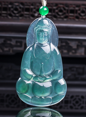 天然真品翡翠高冰种蓝水天空蓝满色高端精品闪拍观音玉吊坠15.96g