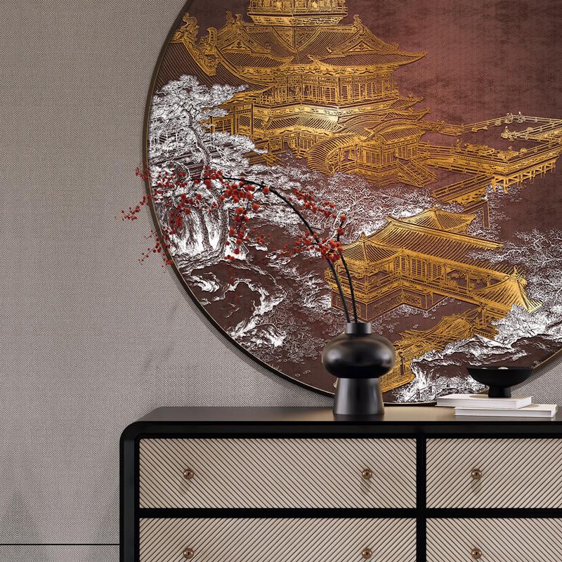 新中式入户玄关装饰画圆形山水浮雕立体画茶室走廊过道背景墙挂画图片