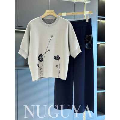 时尚休闲冰丝套装女中老年2025秋装新款洋气显瘦妈妈装针织两件套