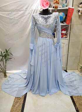 高档20感25新天蓝色水袖性V领闪钻轻奢款音乐会歌唱比赛舞服装台