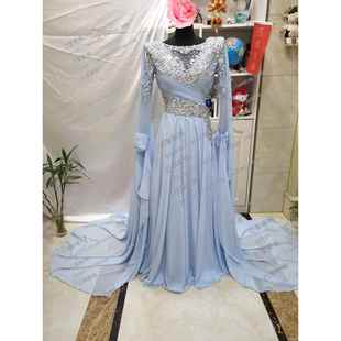 台 音乐会歌唱比赛舞服装 高档20感25新天蓝色水袖 性V领闪钻轻奢款