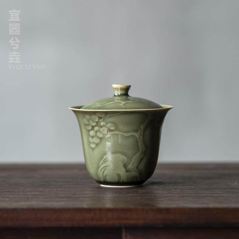 越窑青瓷松韵二才盖碗浮雕中式复古功夫茶具家用泡茶碗薄胎不烫手
