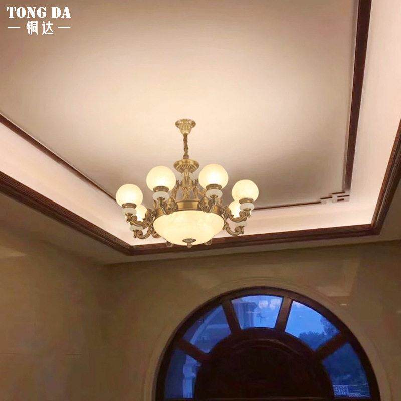 欧式端别墅云石吊灯美式复古客厅餐厅全铜灯主卧室大气天然云石